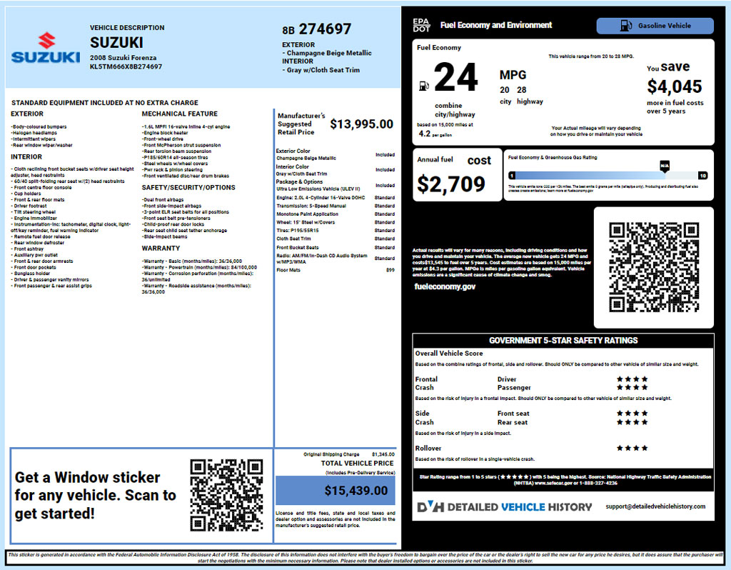 Suzuki window sticker lookup report