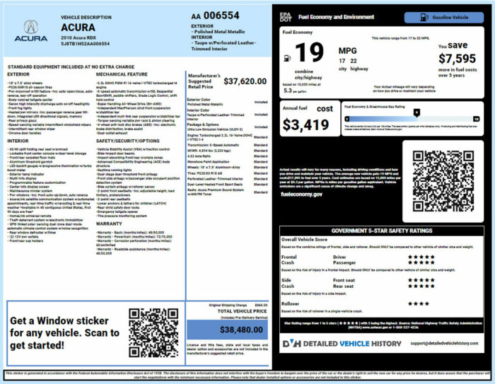 Acura window sticker lookup report