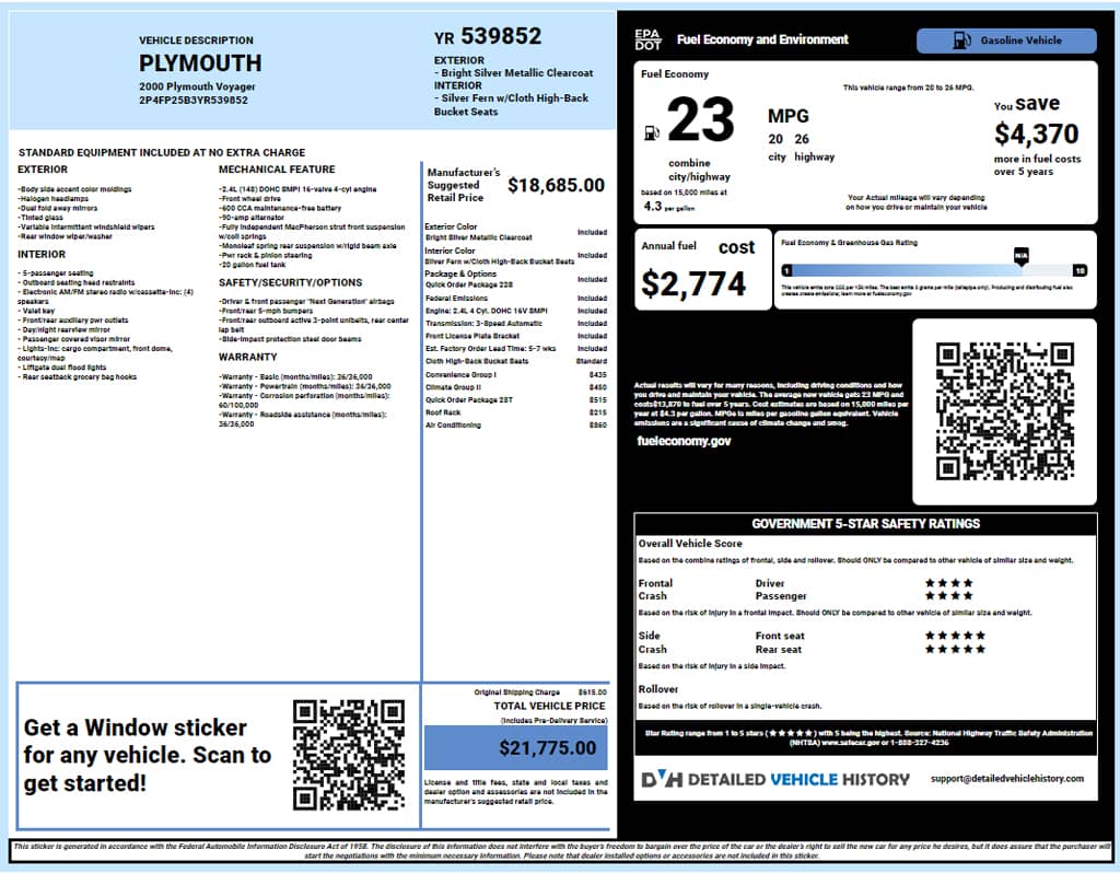 Plymouth window sticker report download