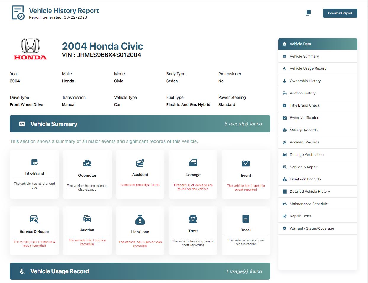 Honda Vehicle History Report Sample