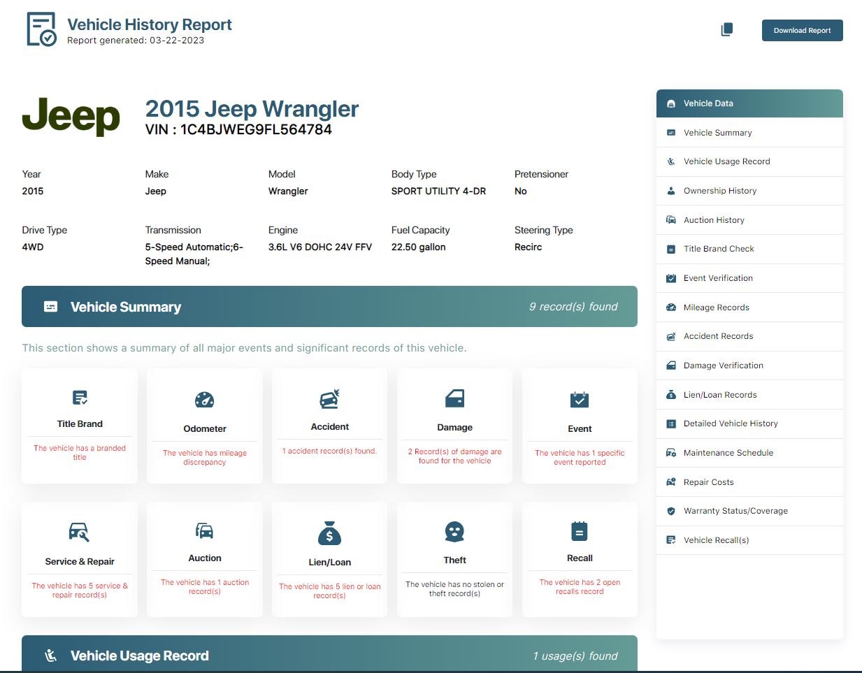 Jeep Sample Report - Vehicle History