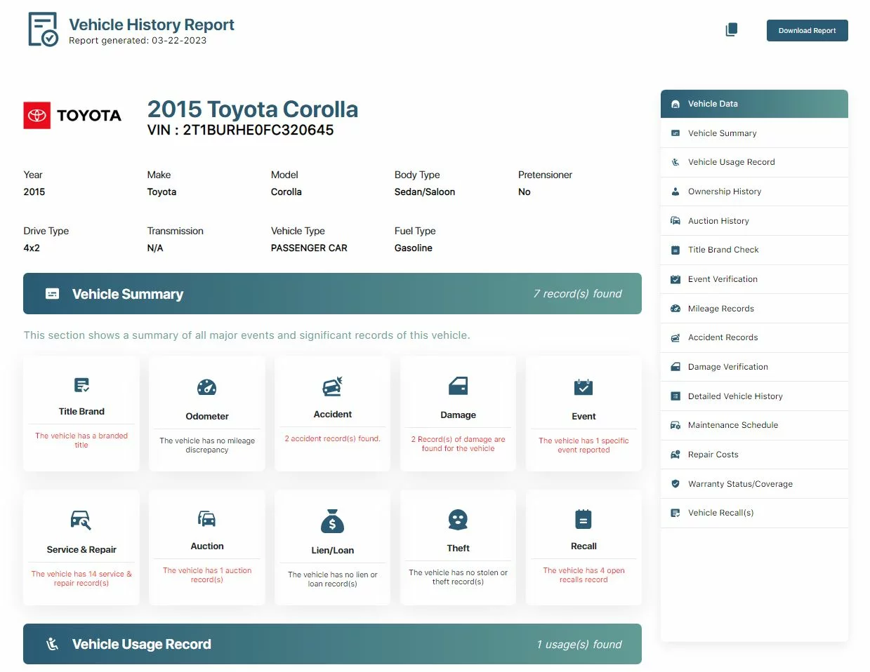 Toyota Vehicle History Report Sample