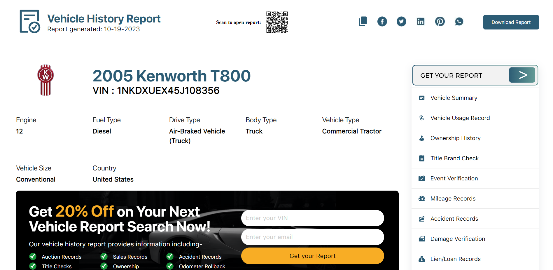 Kenworth Vehicle History Report Sample