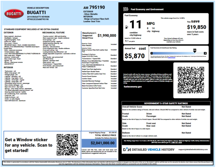 Bugatti Window Sticker by VIN Lookup Instant and Accurate