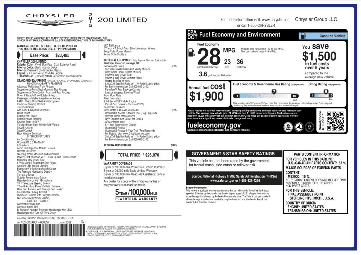 Chrysler Window Sticker Lookup By VIN Original Vehicle details