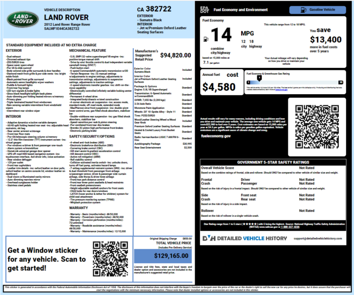 Land Rover Window Sticker by VIN Range Rover Build Sheet