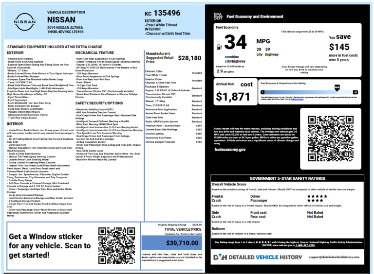 Get Original Nissan Window Stickers by VIN for All Vehicles