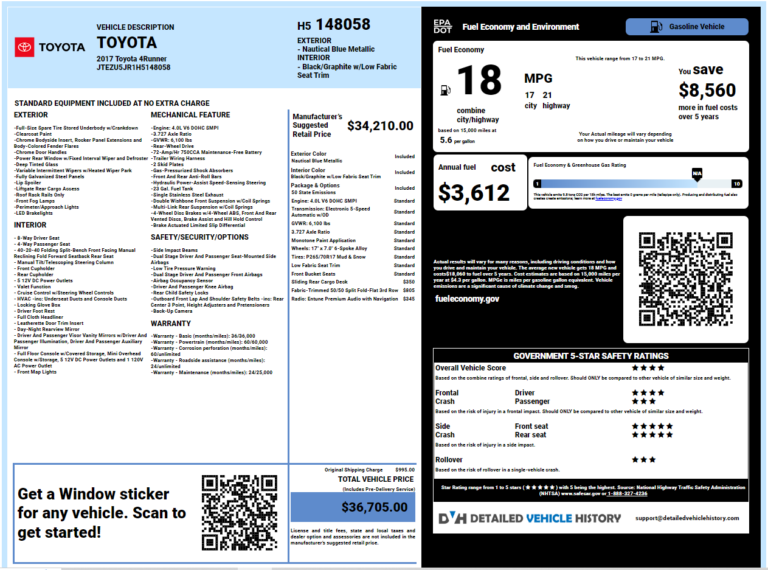 Get a Window Sticker for your Toyota Build Sheet By VIN