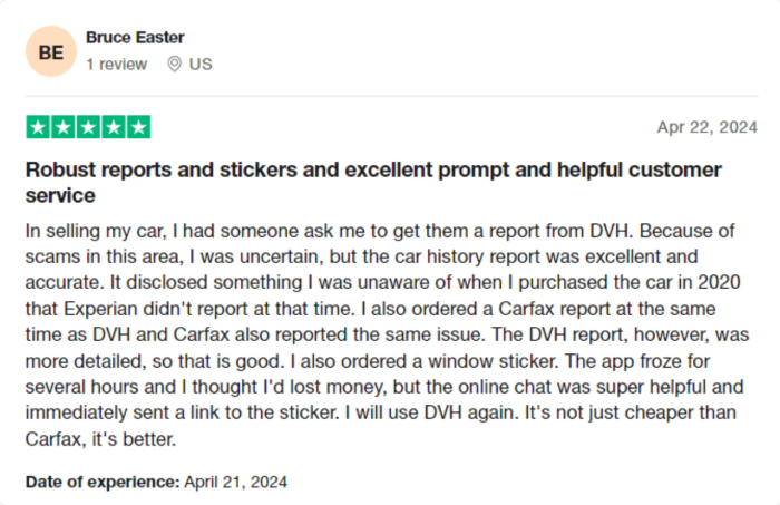 Detailed Vehicle history trustpilot review