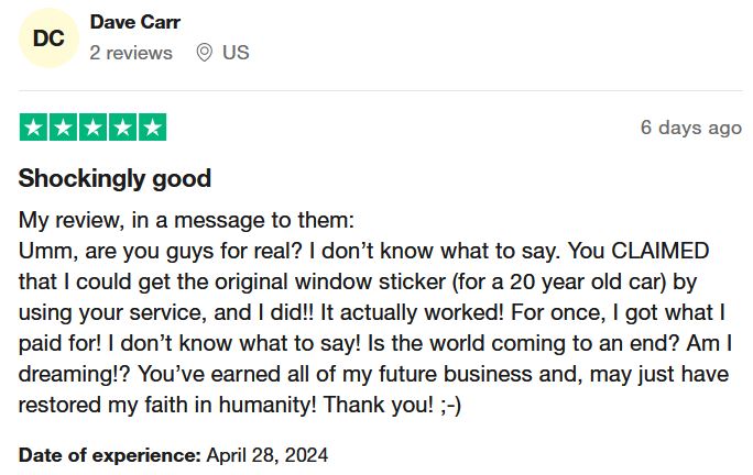 An image highlighting a positive customer review for Detailed Vehicle History on the TrustPilot platform