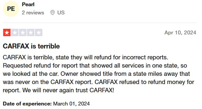 An image highlighting a negative customer review for Carfax on the TrustPilot platform