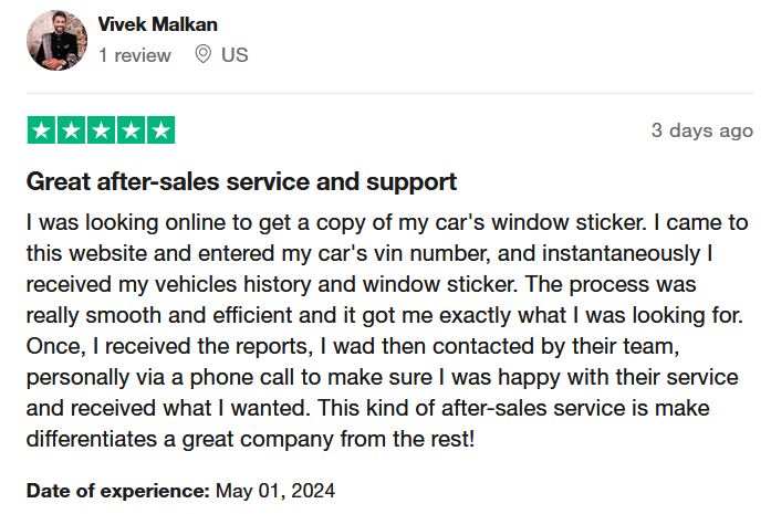 An image highlighting a positive customer review for Detailed Vehicle History on the TrustPilot platform