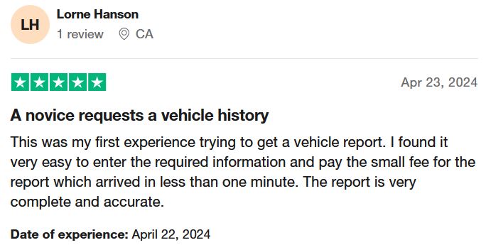 An image highlighting a positive customer review for Detailed Vehicle History on the TrustPilot platform