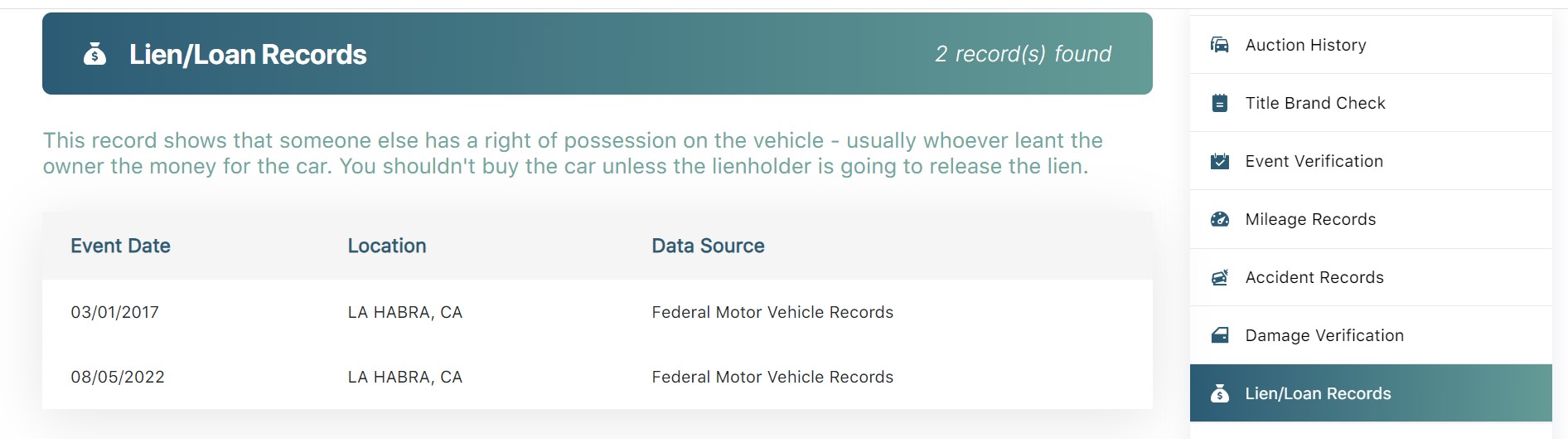 An image showing Lien Records on a Vehicle History Report