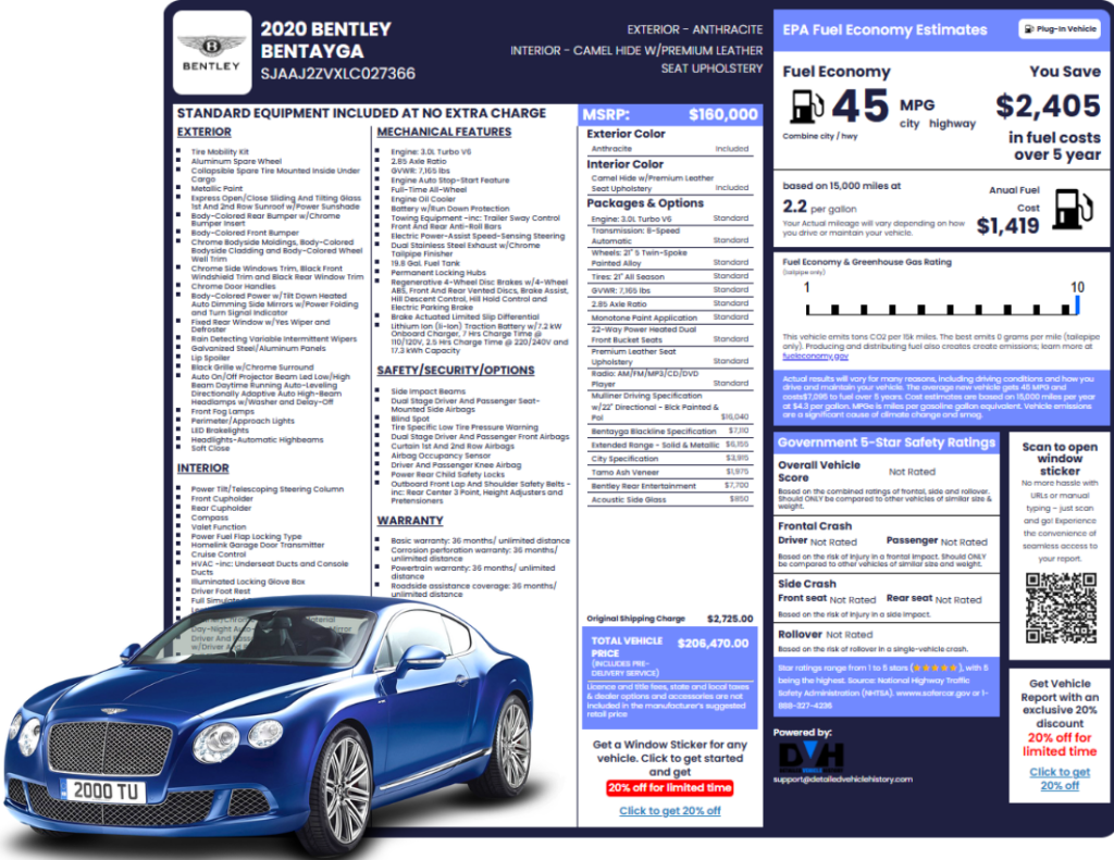 Bently window sticker sample