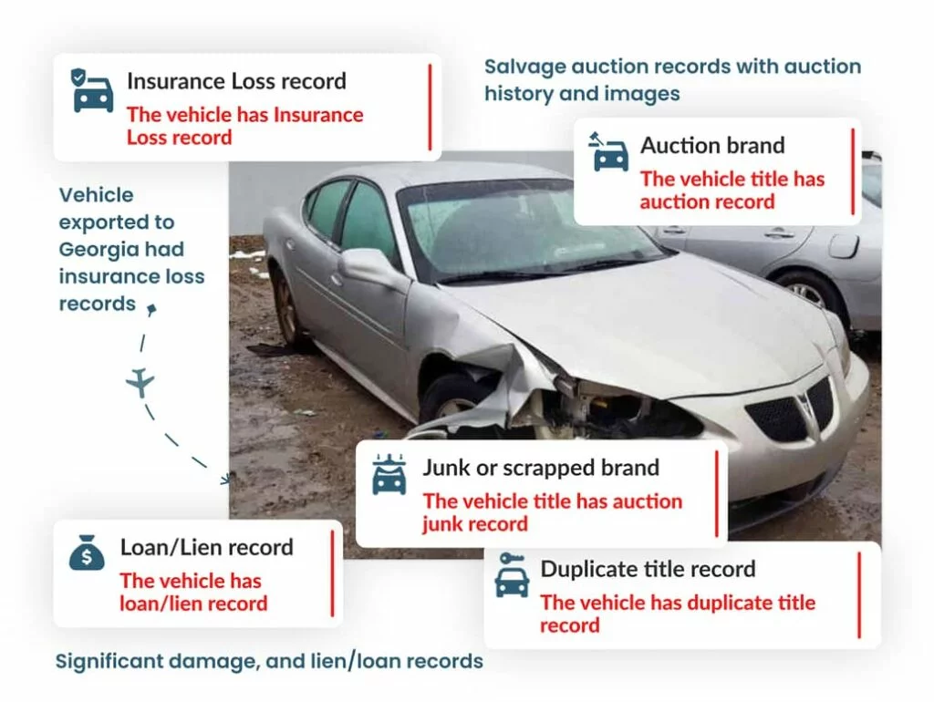 Georgia VIN check showing issues like insurance loss, salvage, junk title, loan/lien, and duplicate records.