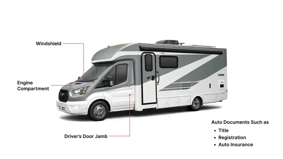 Image showing VIN locations on an RV for VIN lookup.